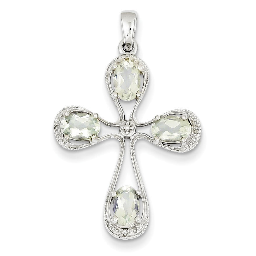 Sterling Silver Rhodium Green Amethyst & Diamond Cross Pendant