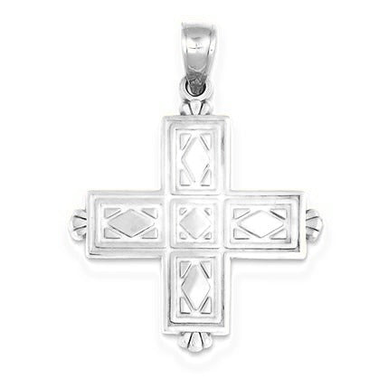Etched Square Cross w/Crown Tips Pendant - Silver/Stainless