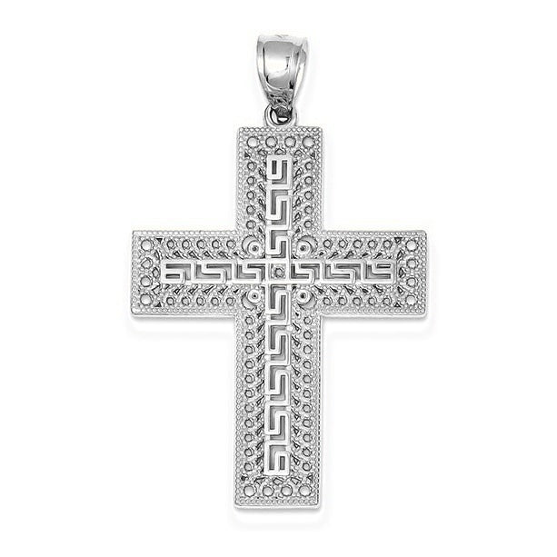 Greek Key Filigree Cross Pendant - Silver/Stainless