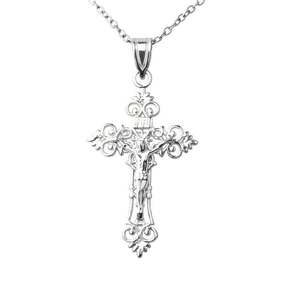 Medium Lacey-edged INRI Crucifix Pendant - Silver/Stainless