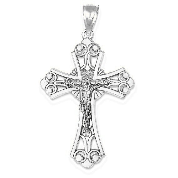 Sunburst Center Budded Crucifix Pendant - Silver/Stainless