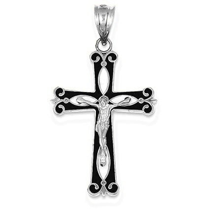 w/Rhodium Enameled Crucifix Pendant - Silver/Stainless