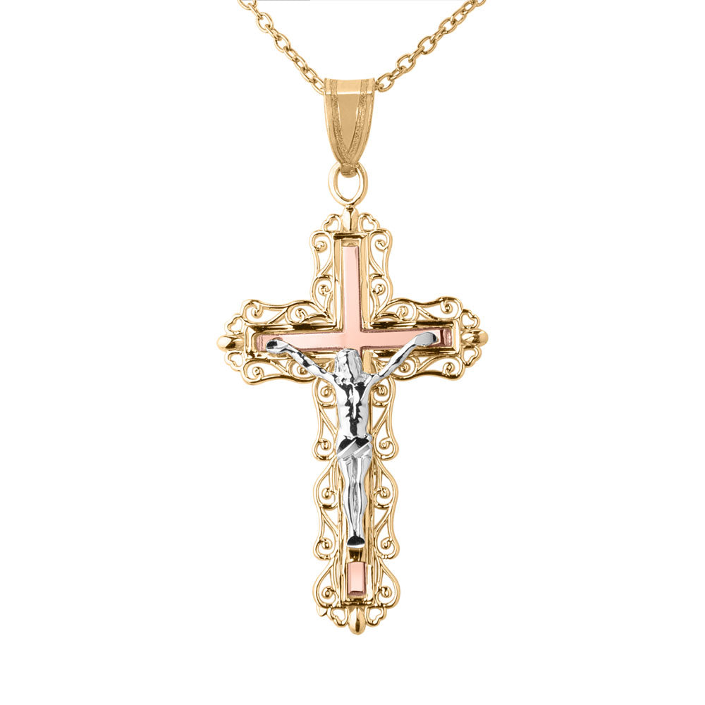 14K Tri-color Diamond-cut Crucifix Pendant