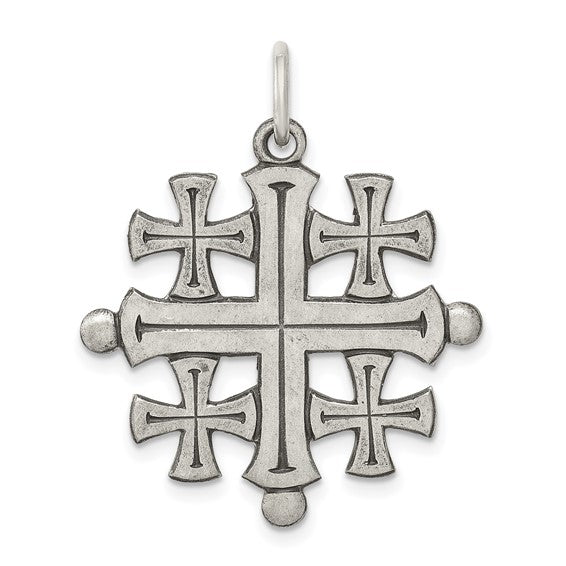 Antiqued Jerusalem Cross Pendant - Sterling Silver