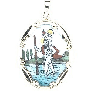 and Porcelain Saint Christopher Religious Medal - Silver
