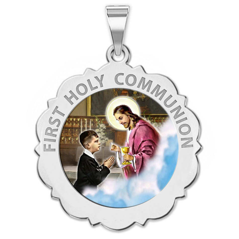 First Holy Communion Scalloped Round Medal (Boy) "Color"