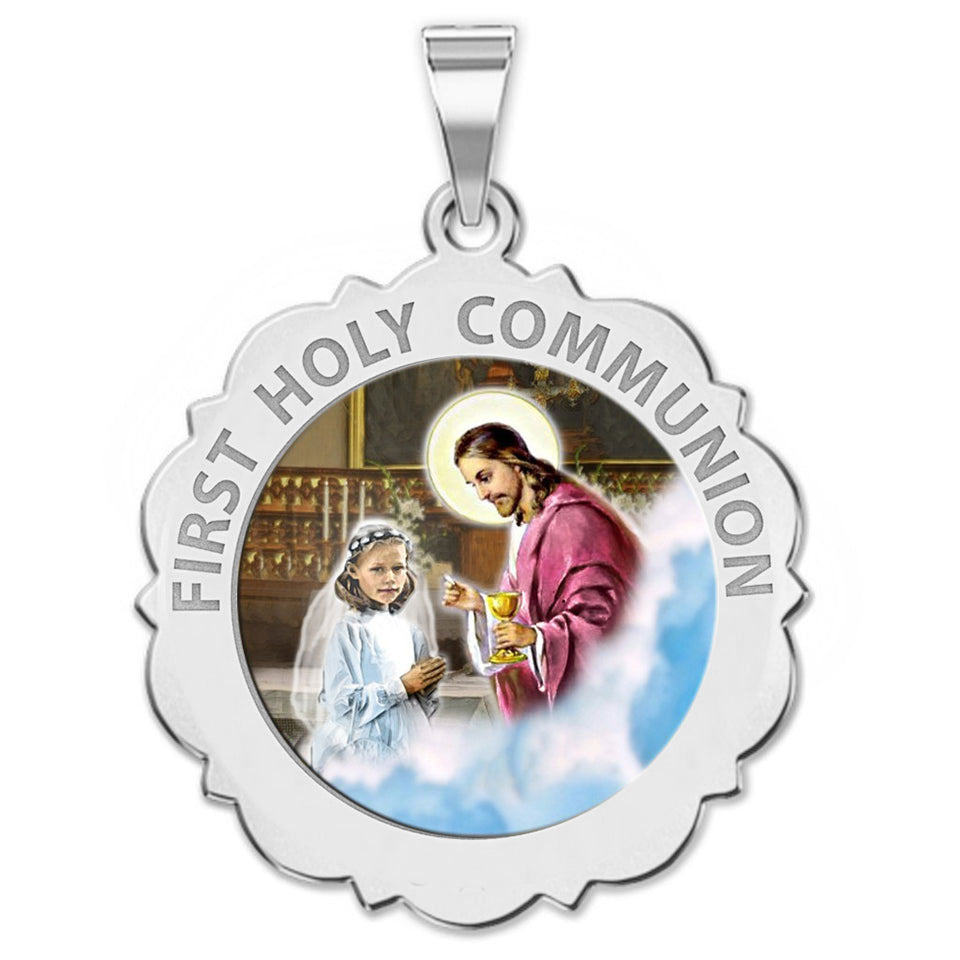 First Holy Communion Medal Scalloped Round (Girl) "Color"