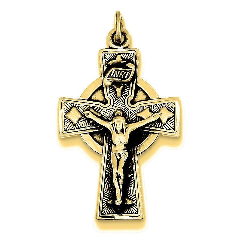 Antiqued Satin Irish Crucifix Cross Pendant - Gold