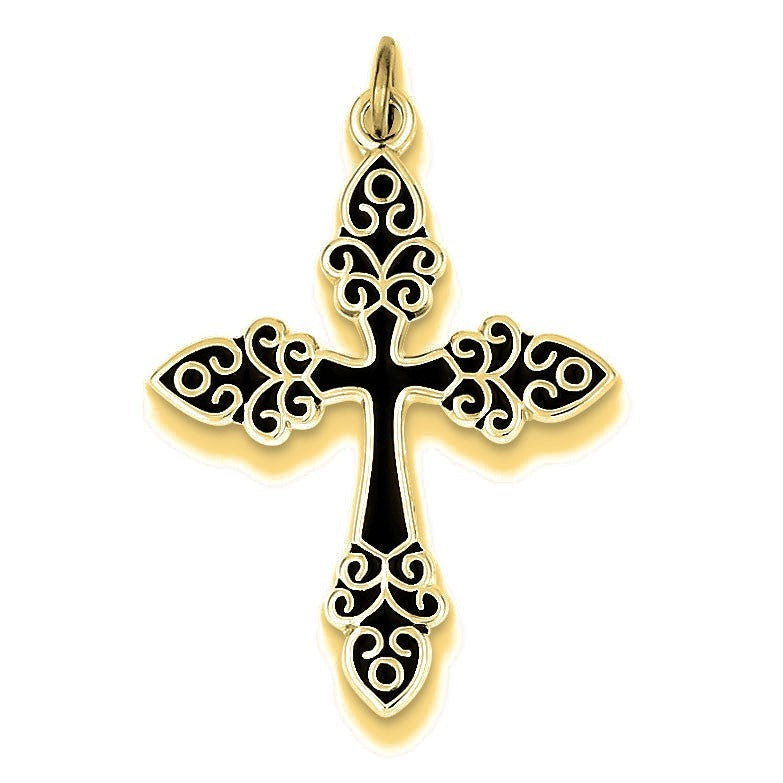 Black Enameled Cross Pendant - Gold