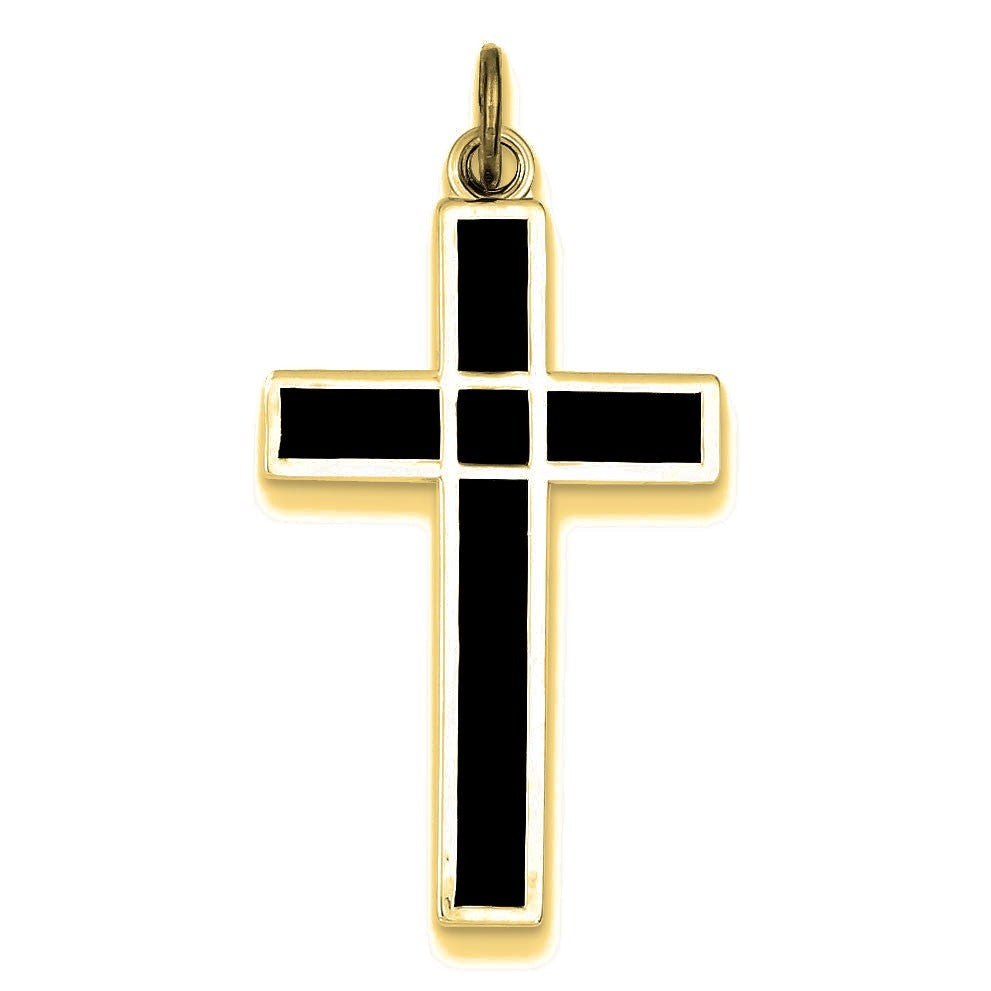 Brushed & Polished Enamel Black Cross Pendant - Gold