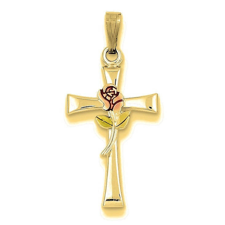 Cross with Epoxy Rose Center Pendant - Gold
