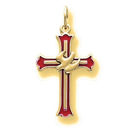 Enameled Cross w/Dove Charm - Gold with Silver Accents