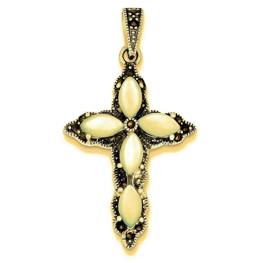 Marcasite, Blue Mother of Pearl Cross Pendant - Gold