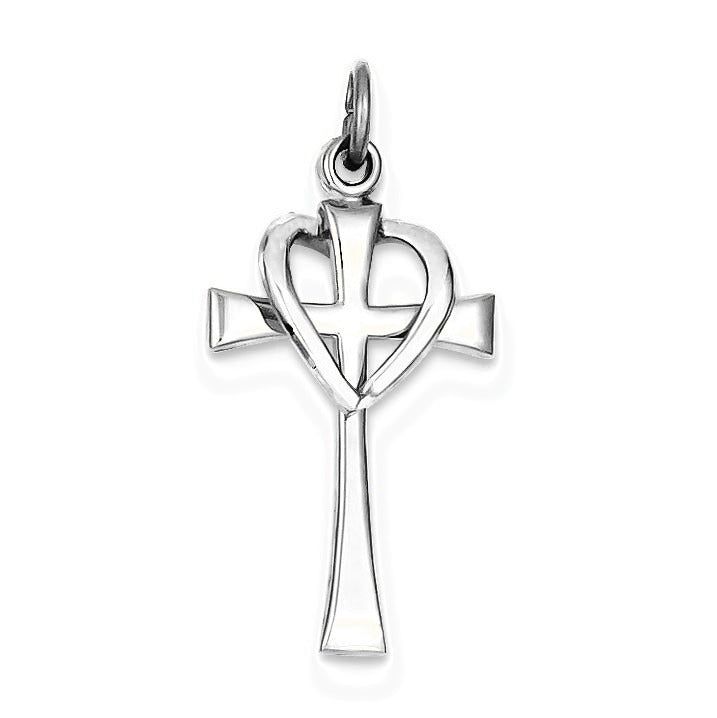Vermeil Polished Cross and Heart Pendant - Silver/Stainless