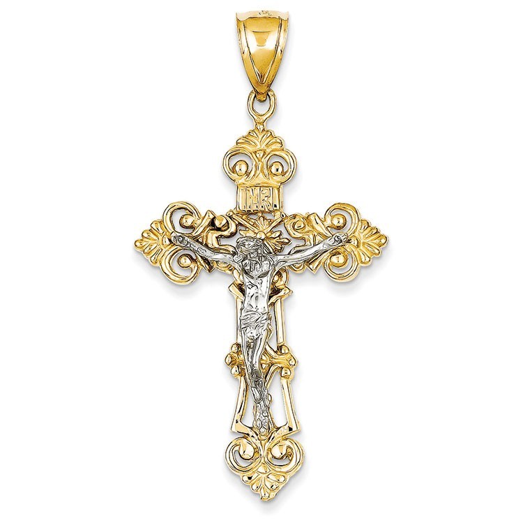 14k Two-tone INRI Fleur De Lis Crucifix Pendant