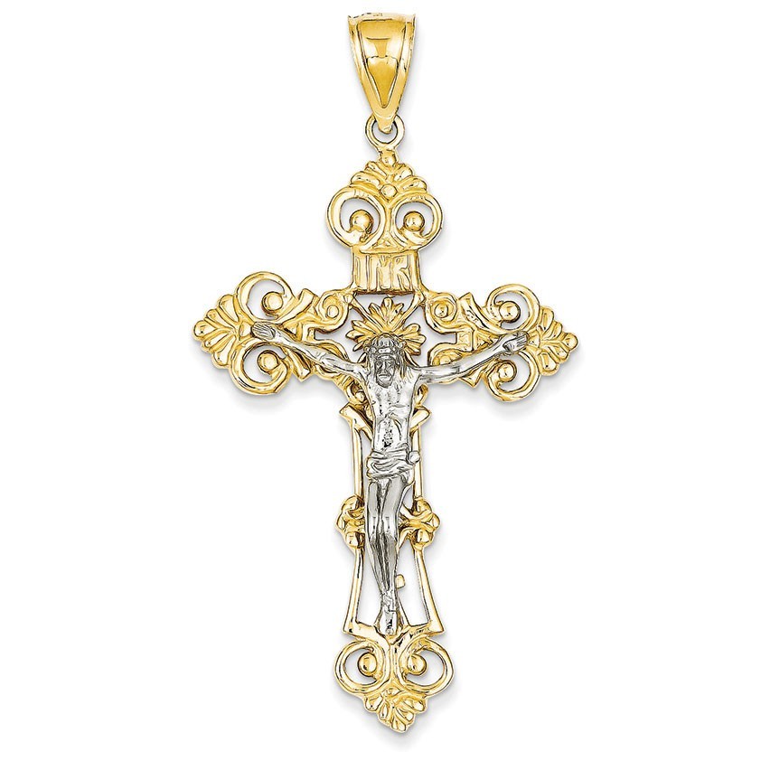 14k Two-tone INRI Fleur De Lis Crucifix Pendant