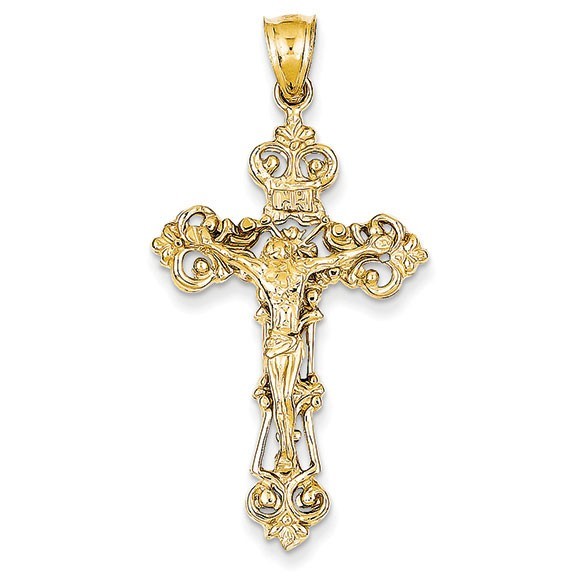 14k INRI Fleur De Lis Crucifix Pendant