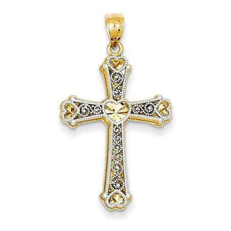 14k Two-tone Hearts Cross Pendant