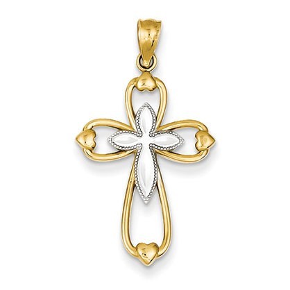 14k w/Rhodium Diamond-cut Cross Pendant