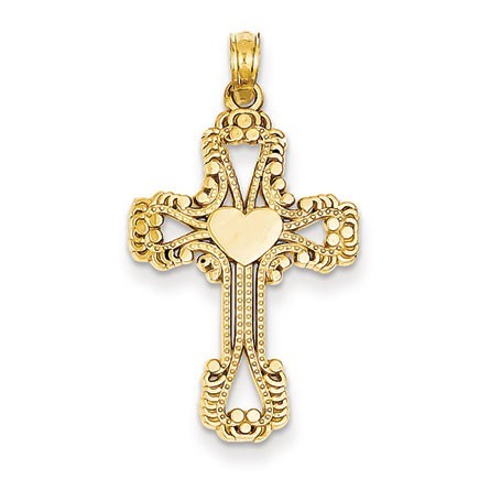 14K Beaded Cross with Heart Pendant