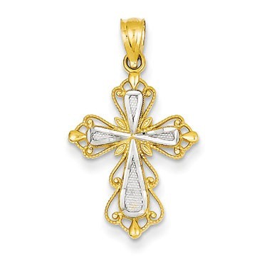 14k w/Rhodium Diamond-cut Cross Pendant