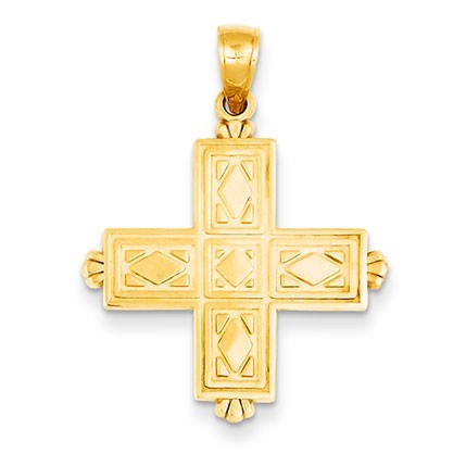 14K Etched Square Cross w/Crown Tips Pendant