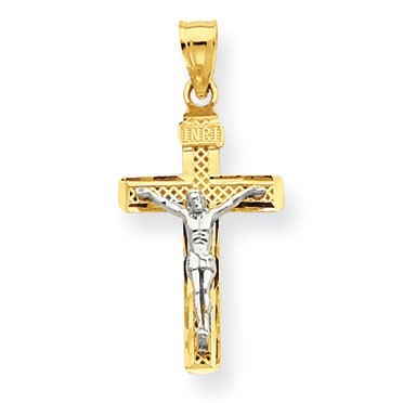 14K Two-tone D/C Small Block Lattice Cross w/Crucifix Pendant