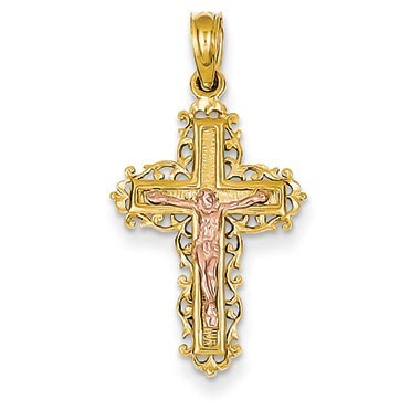 14K Two-tone Lace Trimmed Crucifix Pendant