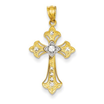 14k Rhodium Diamond-cut Cross Pendant
