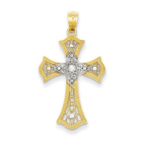 14k Rhodium Diamond-cut Cross Pendant