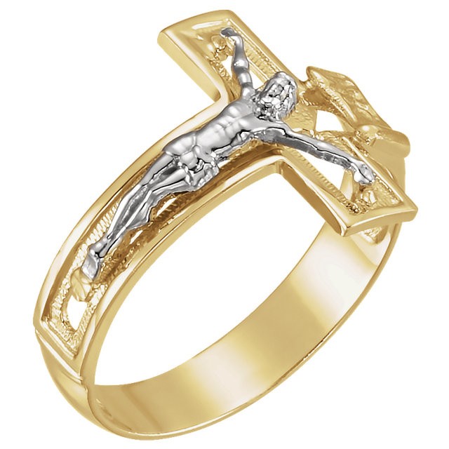 Solid 14k Yellow Gold Two Tone Crucifix Ring