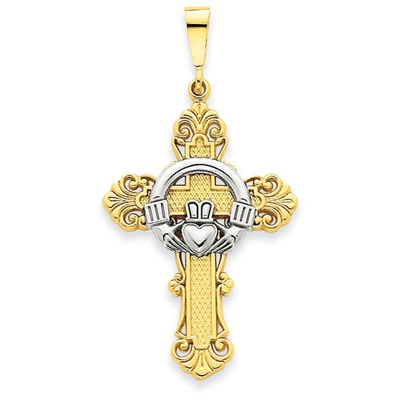 14k Two-tone Claddagh Cross Pendant