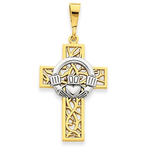 14k Two-tone Claddagh Cross Pendant