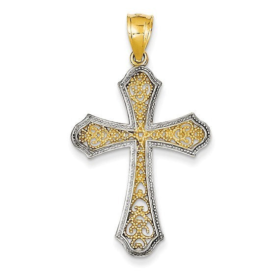 14k w/Rhodium Filigree Cross Pendant