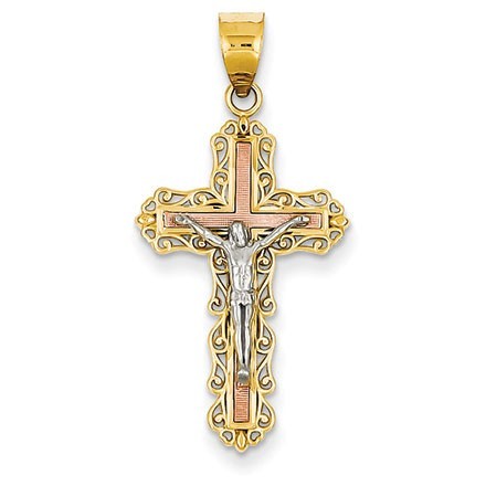 14K Tri-color Diamond-cut Crucifix Pendant