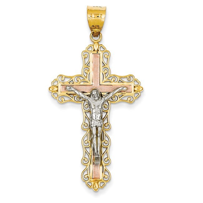 14K Tri-color Diamond-cut Crucifix Pendant