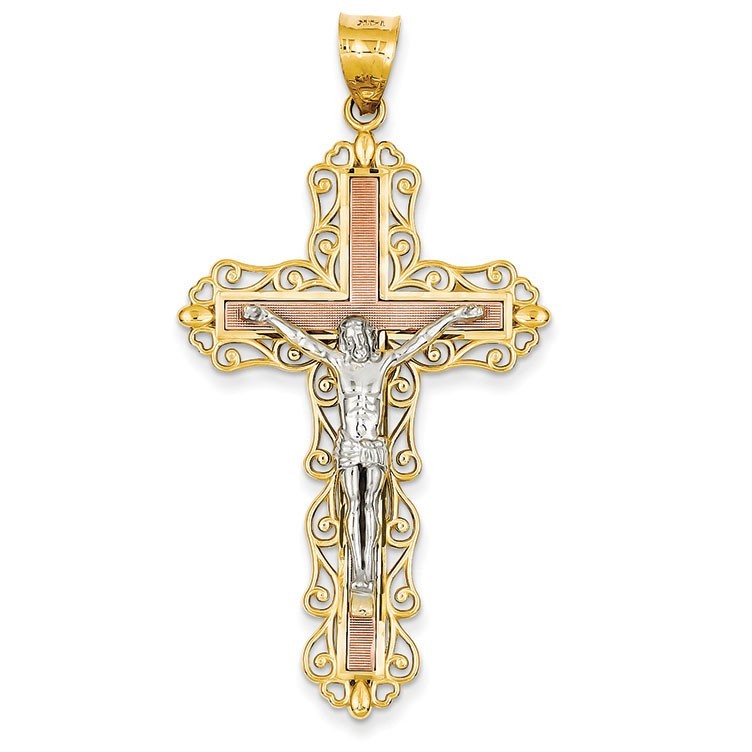 14K Tri-color Diamond-cut Crucifix Pendant