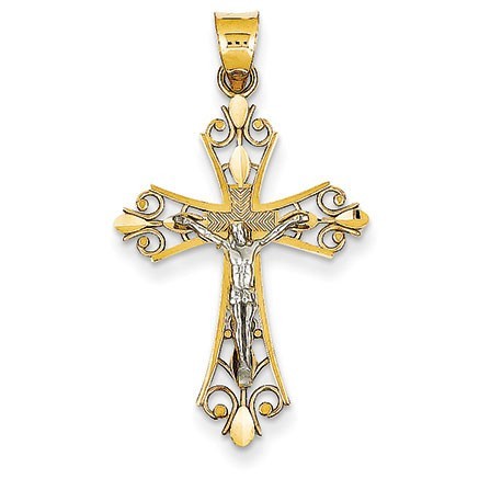 14K Two-tone Diamond-cut Crucifix Pendant