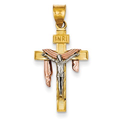 14K Tri-color Diamond-cut Small Draped INRI Crucifix Pendant