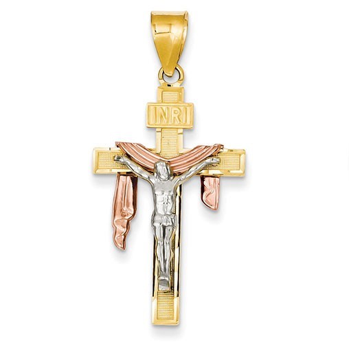 14K Tri-color Diamond-cut Large Draped INRI Crucifix Pendant