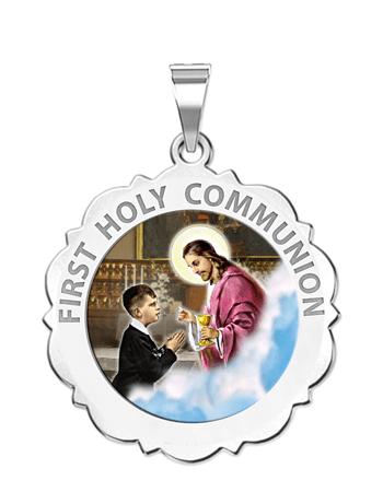 First Holy Communion Scalloped Round Medal (Boy) "Color"