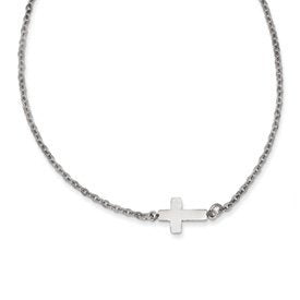 Stainless Steel Polished Sideways Cross 18in Necklace