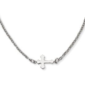 Stainless Steel Polished Sideways Cross 18in Necklace