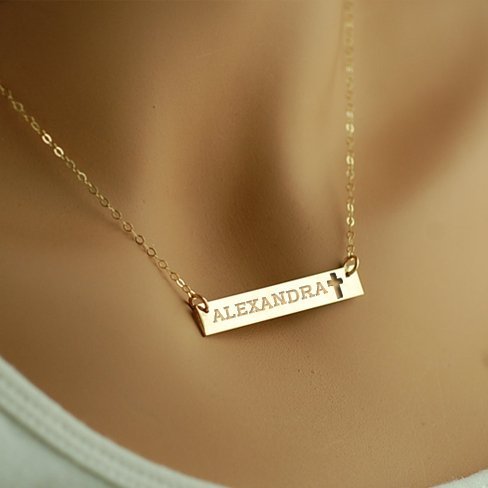 Personalized Name Bar Necklace w/ Cross Design & 18" Chain