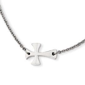 Stainless Steel Polished Sideways Cross Necklace