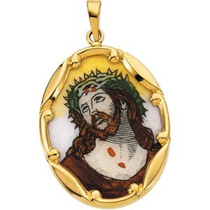 14k Gold and Porcelain Ecce Homo Religious Medal