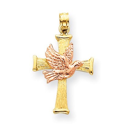 14k Two-tone Dove Cross Pendant
