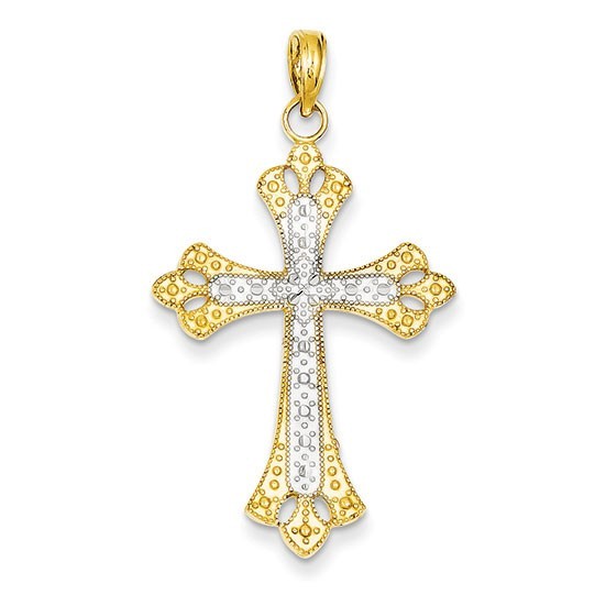 14k w/Rhodium Diamond-cut Cross Pendant