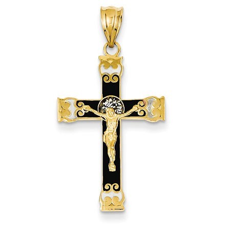 14k w/Rhodium Enameled Crucifix Pendant