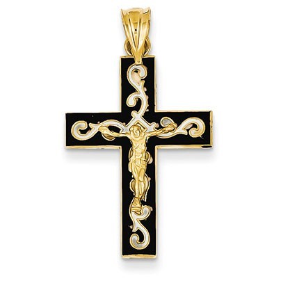 14k w/Rhodium Enameled Crucifix Pendant